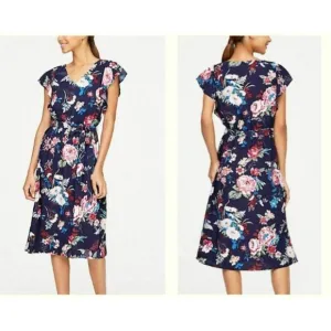 &quot;ANN TAYLOR LOFT&quot; BLUE VINTAGE FLORAL RUFFLED SLEEVE BLOUSON DRESS SIZE: LP NWT