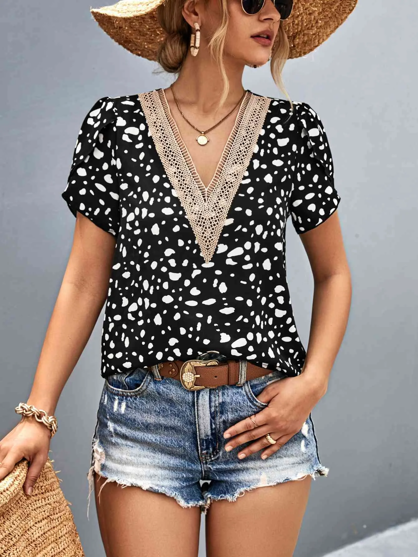 Animal Print V-Neck Petal Sleeve Blouse (2 Colors)