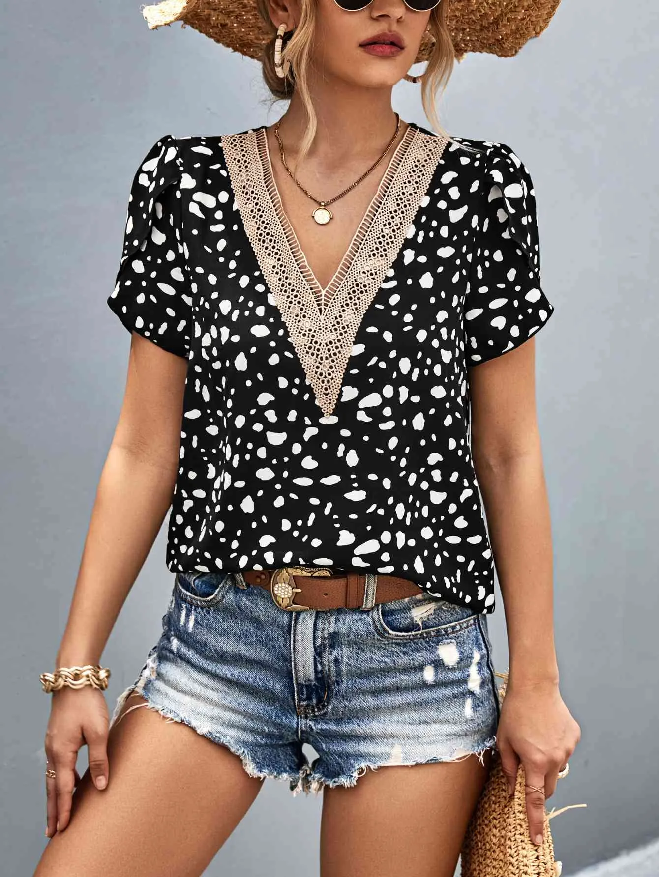 Animal Print V-Neck Petal Sleeve Blouse (2 Colors)