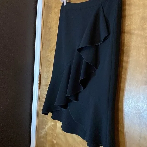 Ann Taylor black academia vintage style ruffle front fit and flare midi skirt