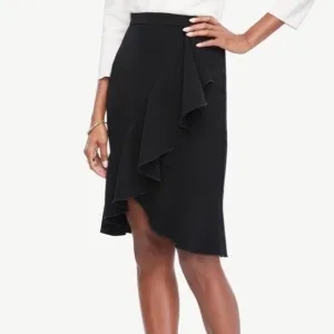 Ann Taylor black academia vintage style ruffle front fit and flare midi skirt