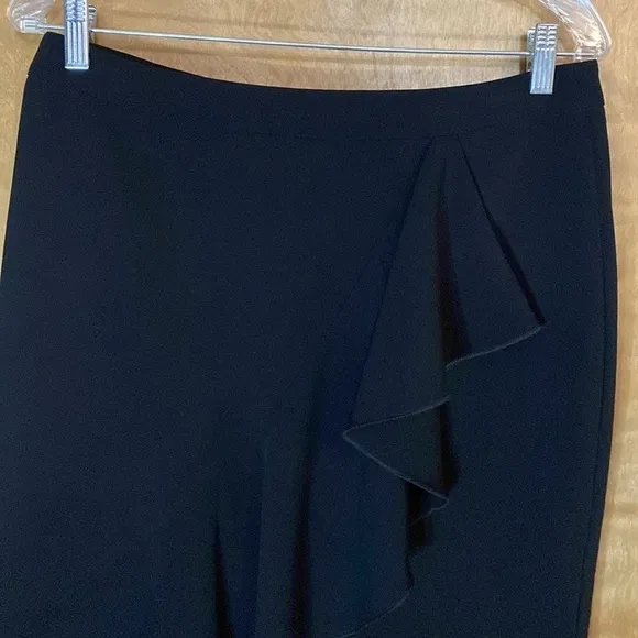 Ann Taylor black academia vintage style ruffle front fit and flare midi skirt