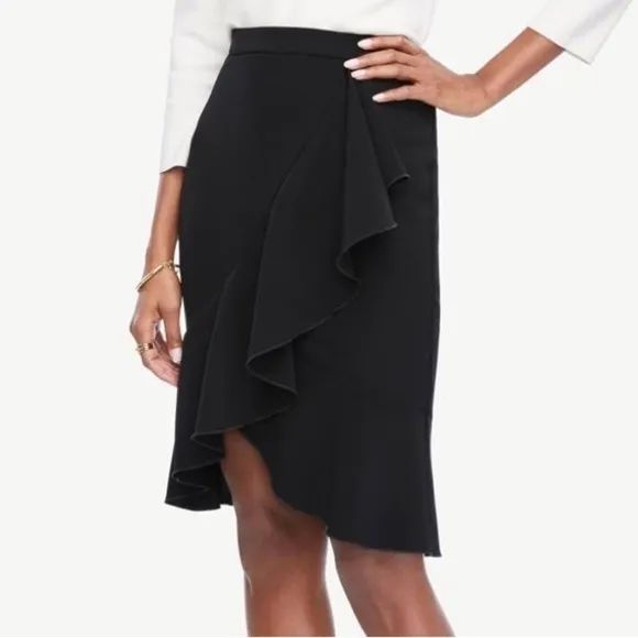 Ann Taylor black academia vintage style ruffle front fit and flare midi skirt