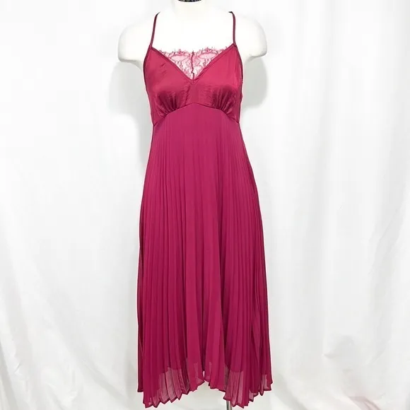Anthropologie Eloise Pleated Midi Chemise Slip Dress Red Wine Berry Size Small