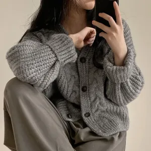 Autumn Women's Simple and Lazy Style V-Neck Puff Sleeve Cable Knit Loose Knitted Cardigan Sweater Coat. C-241104-3
