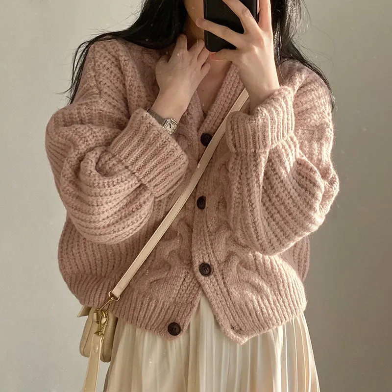 Autumn Women's Simple and Lazy Style V-Neck Puff Sleeve Cable Knit Loose Knitted Cardigan Sweater Coat. C-241104-3