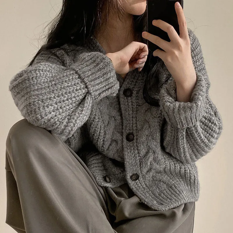 Autumn Women's Simple and Lazy Style V-Neck Puff Sleeve Cable Knit Loose Knitted Cardigan Sweater Coat. C-241104-3