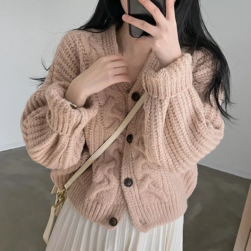 Autumn Women's Simple and Lazy Style V-Neck Puff Sleeve Cable Knit Loose Knitted Cardigan Sweater Coat. C-241104-3