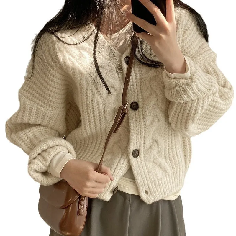 Autumn Women's Simple and Lazy Style V-Neck Puff Sleeve Cable Knit Loose Knitted Cardigan Sweater Coat. C-241104-3