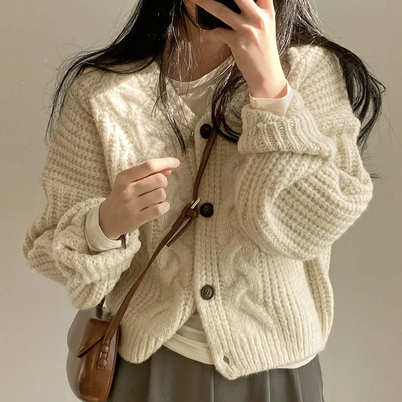 Autumn Women's Simple and Lazy Style V-Neck Puff Sleeve Cable Knit Loose Knitted Cardigan Sweater Coat. C-241104-3