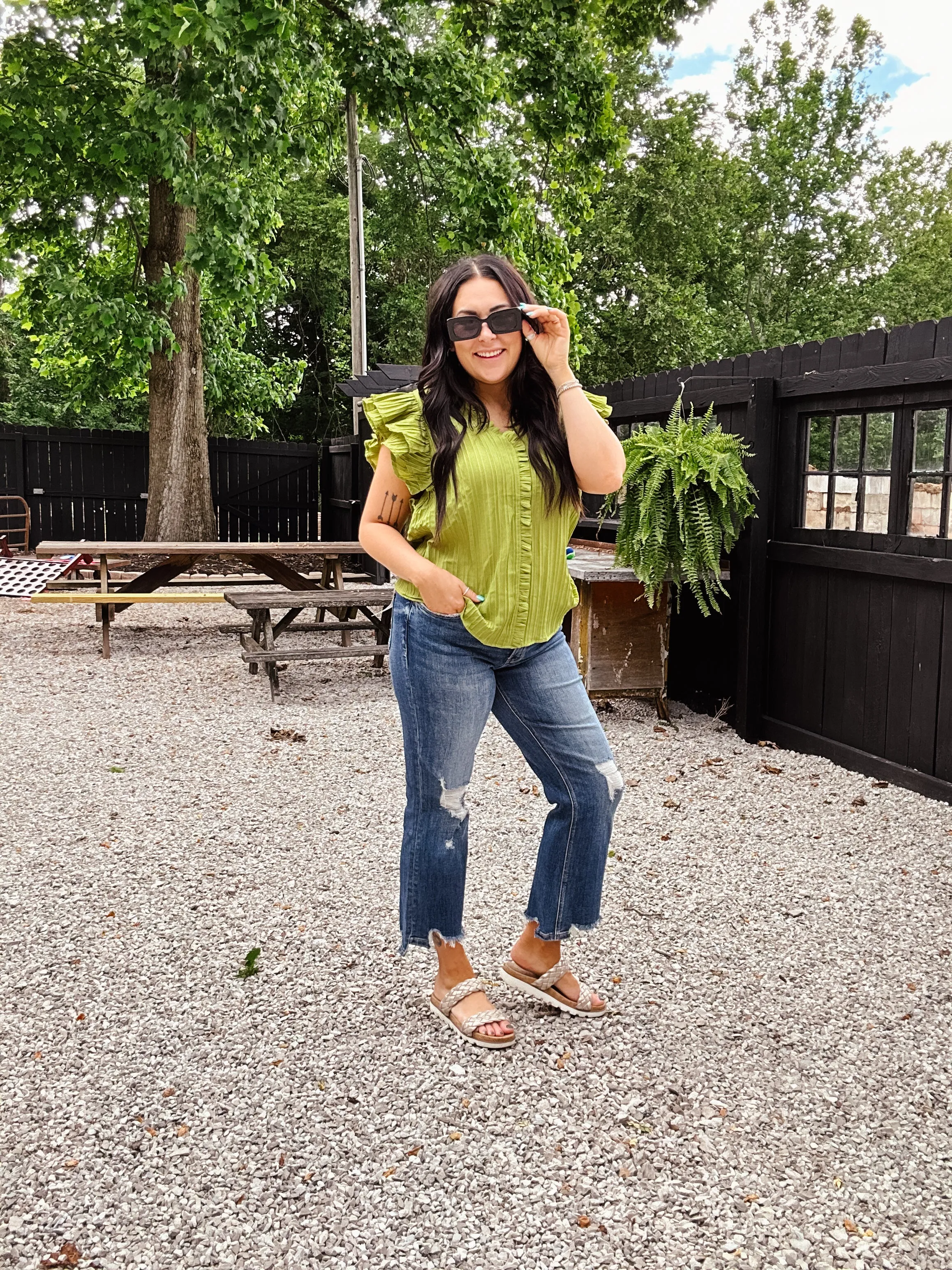 Avocado Vertical Texture Flutter Sleeve Top