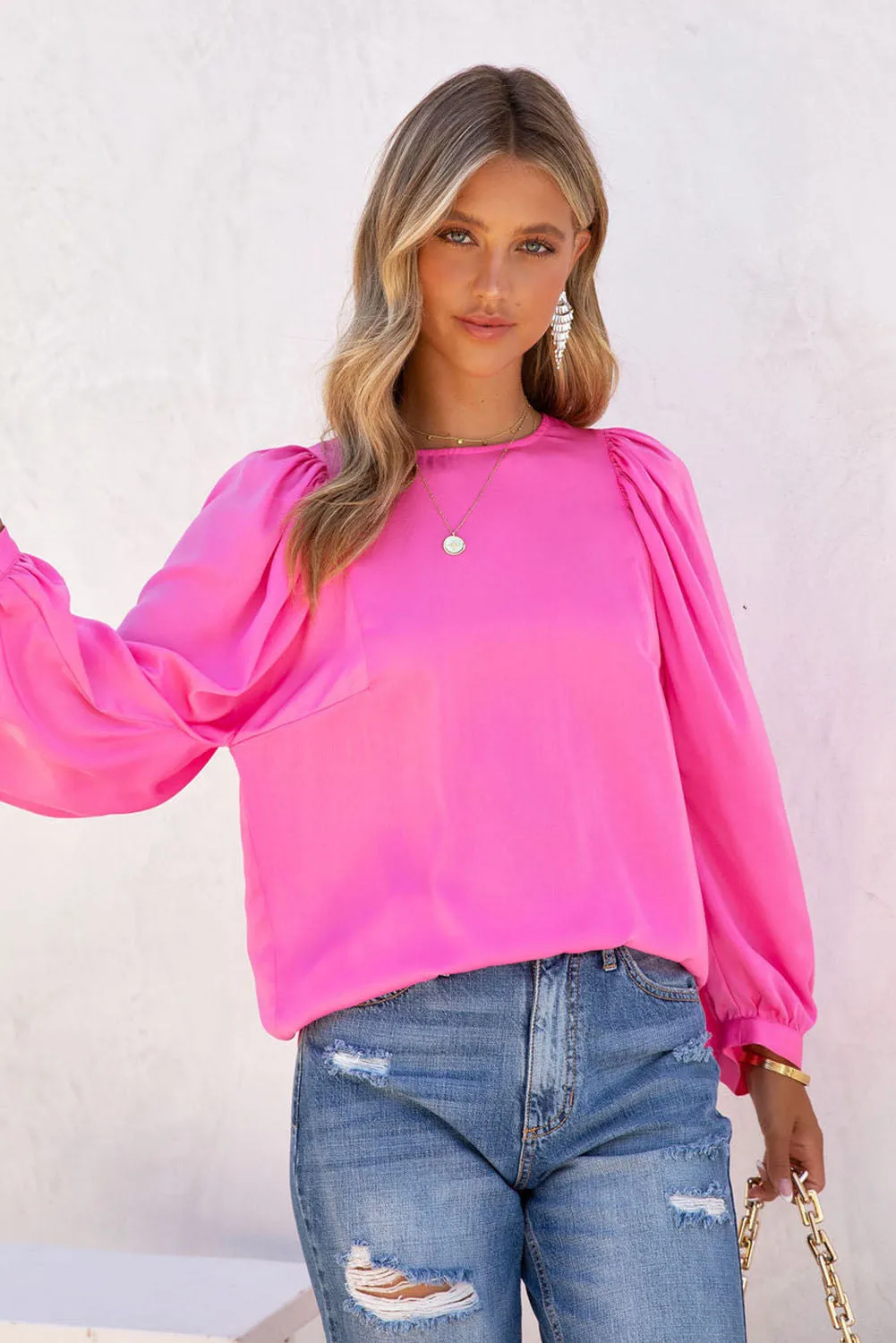 Barbie Style  Pink Satin Puff Long Sleeve Crewneck Blouse