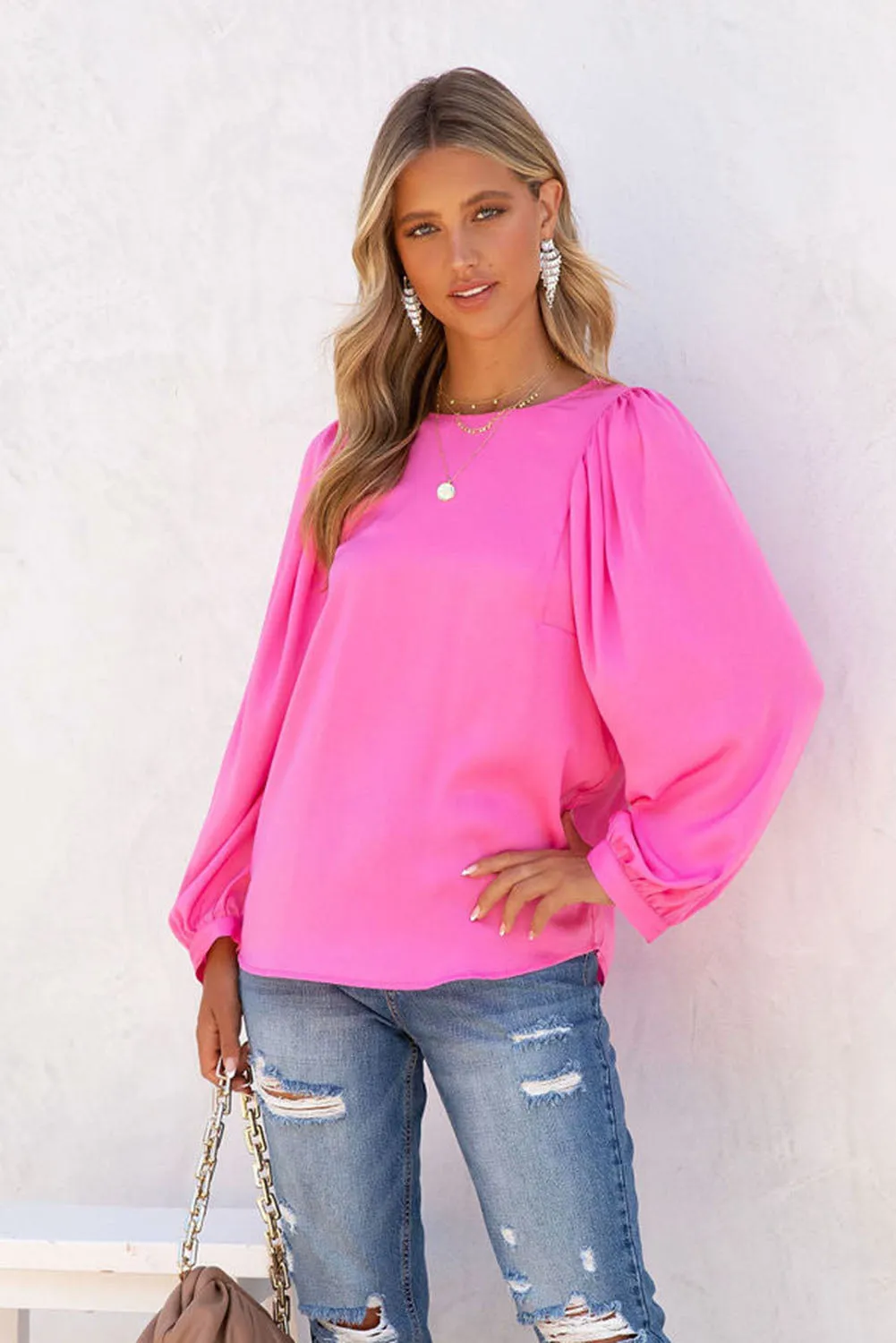 Barbie Style  Pink Satin Puff Long Sleeve Crewneck Blouse