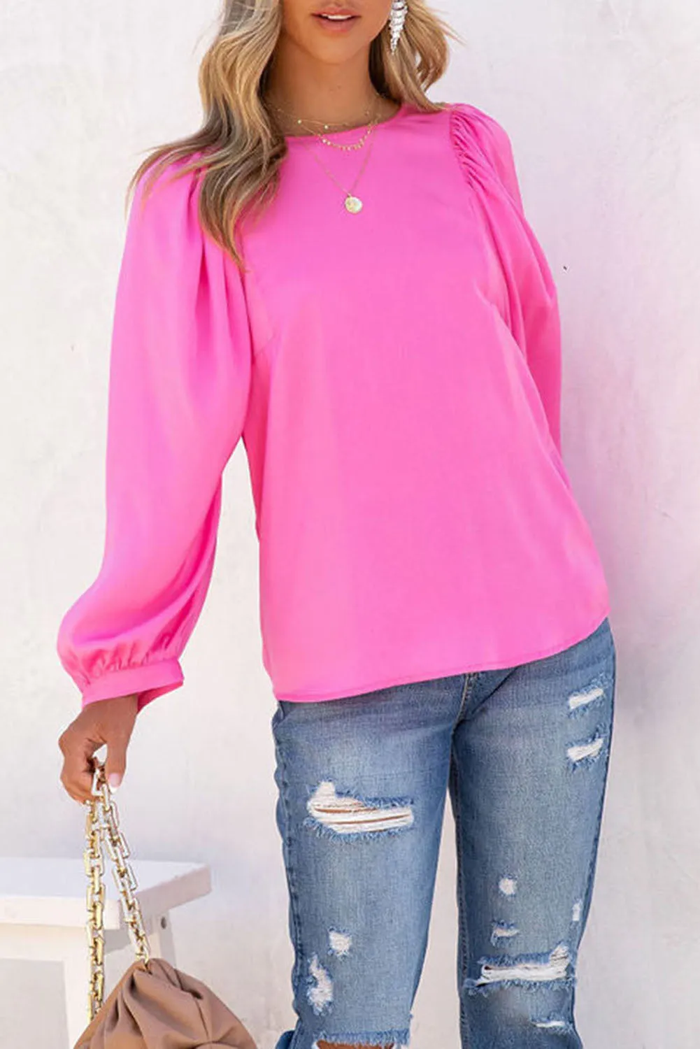 Barbie Style  Pink Satin Puff Long Sleeve Crewneck Blouse