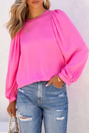 Barbie Style  Pink Satin Puff Long Sleeve Crewneck Blouse