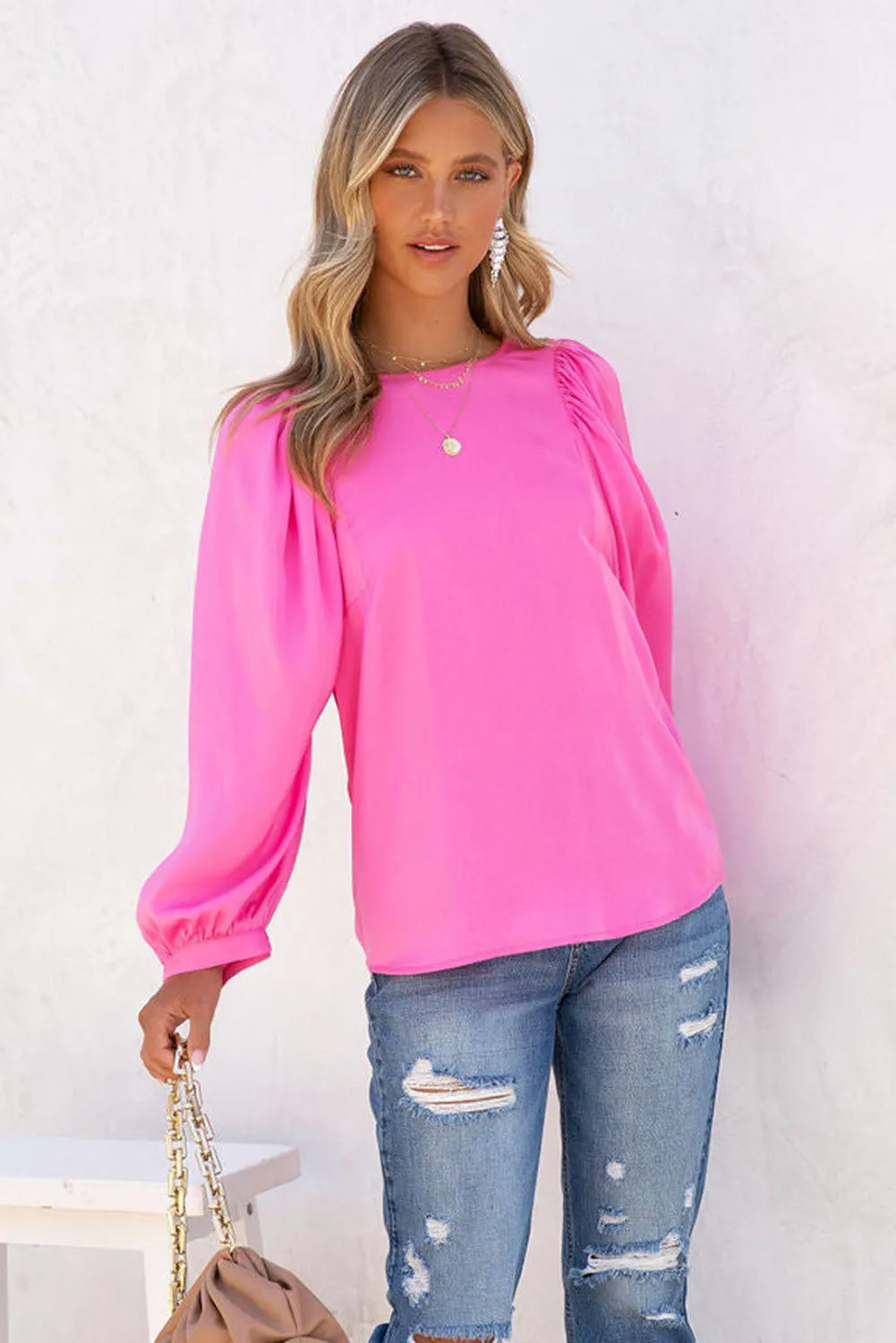 Barbie Style  Pink Satin Puff Long Sleeve Crewneck Blouse