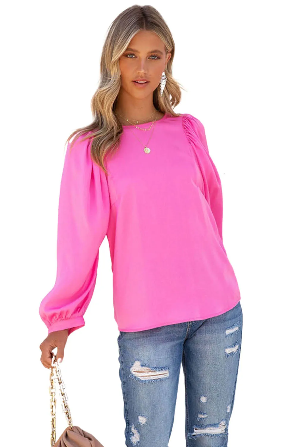 Barbie Style  Pink Satin Puff Long Sleeve Crewneck Blouse