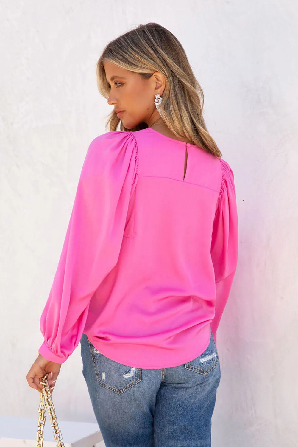 Barbie Style  Pink Satin Puff Long Sleeve Crewneck Blouse