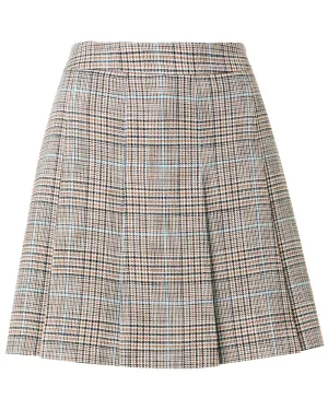 Beige Plaid Stretch Pleat Mini Skirt