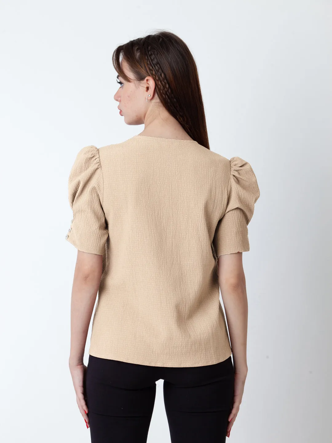 Beige Solid Puff Sleeve Top