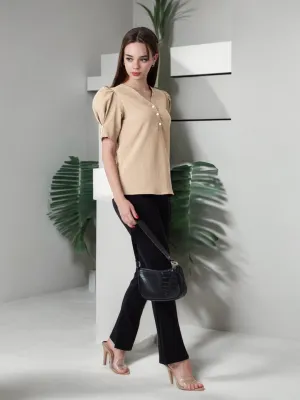 Beige Solid Puff Sleeve Top