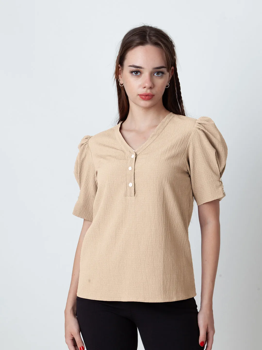 Beige Solid Puff Sleeve Top