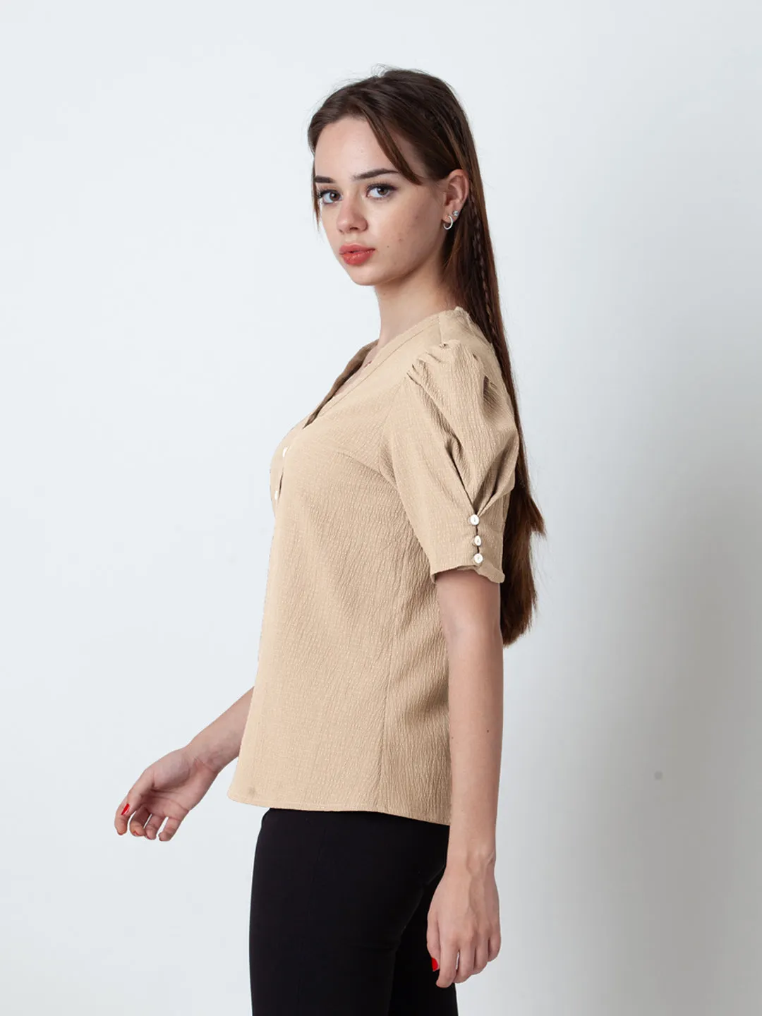 Beige Solid Puff Sleeve Top