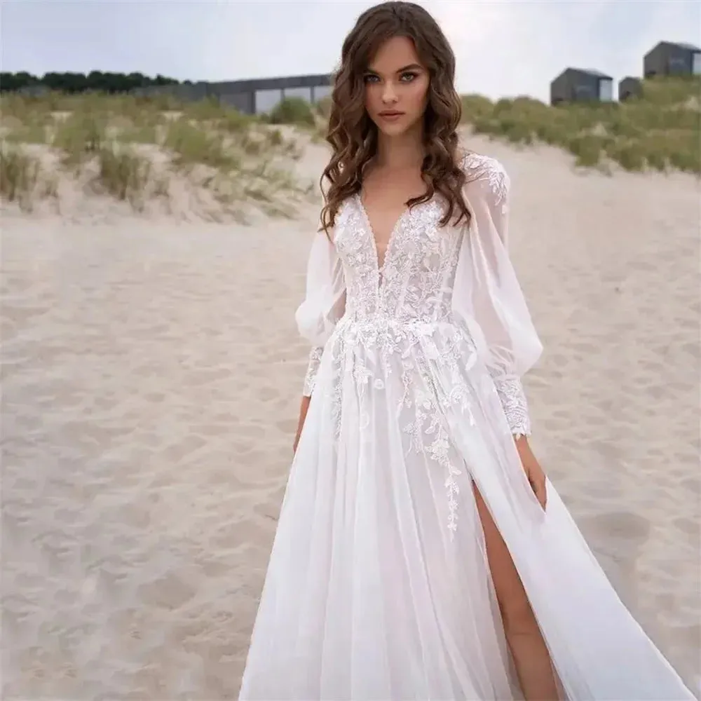 Bella White Tulle Prom Dresses Lace Embroidery A-line Wedding Dress Elegant Long Sleeves Floor-Length Vestidos De Fiesta