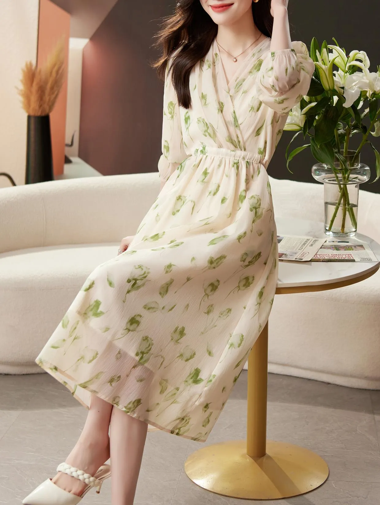 Belted-Waisted V-Neck Maxi Tea Dress with Floral Print for Women