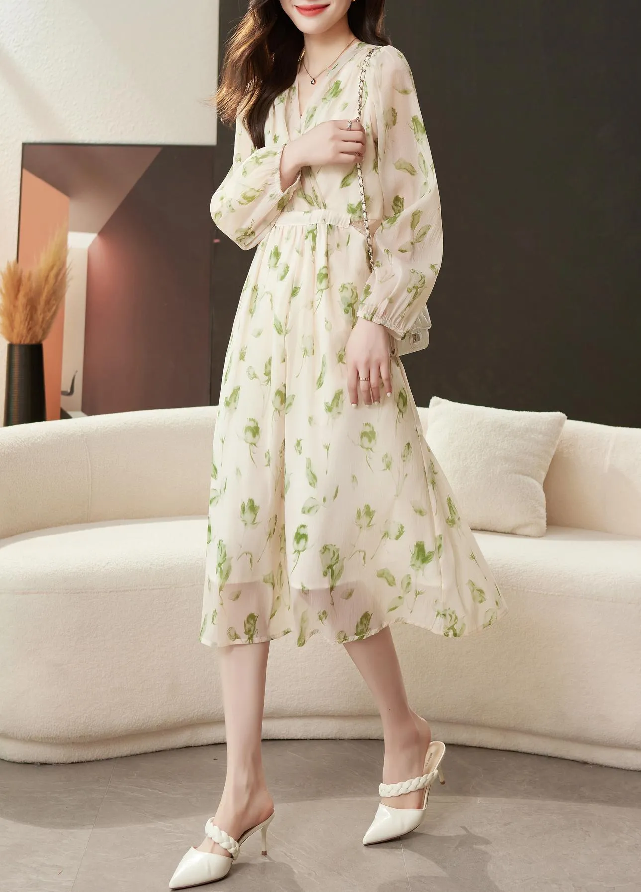 Belted-Waisted V-Neck Maxi Tea Dress with Floral Print for Women