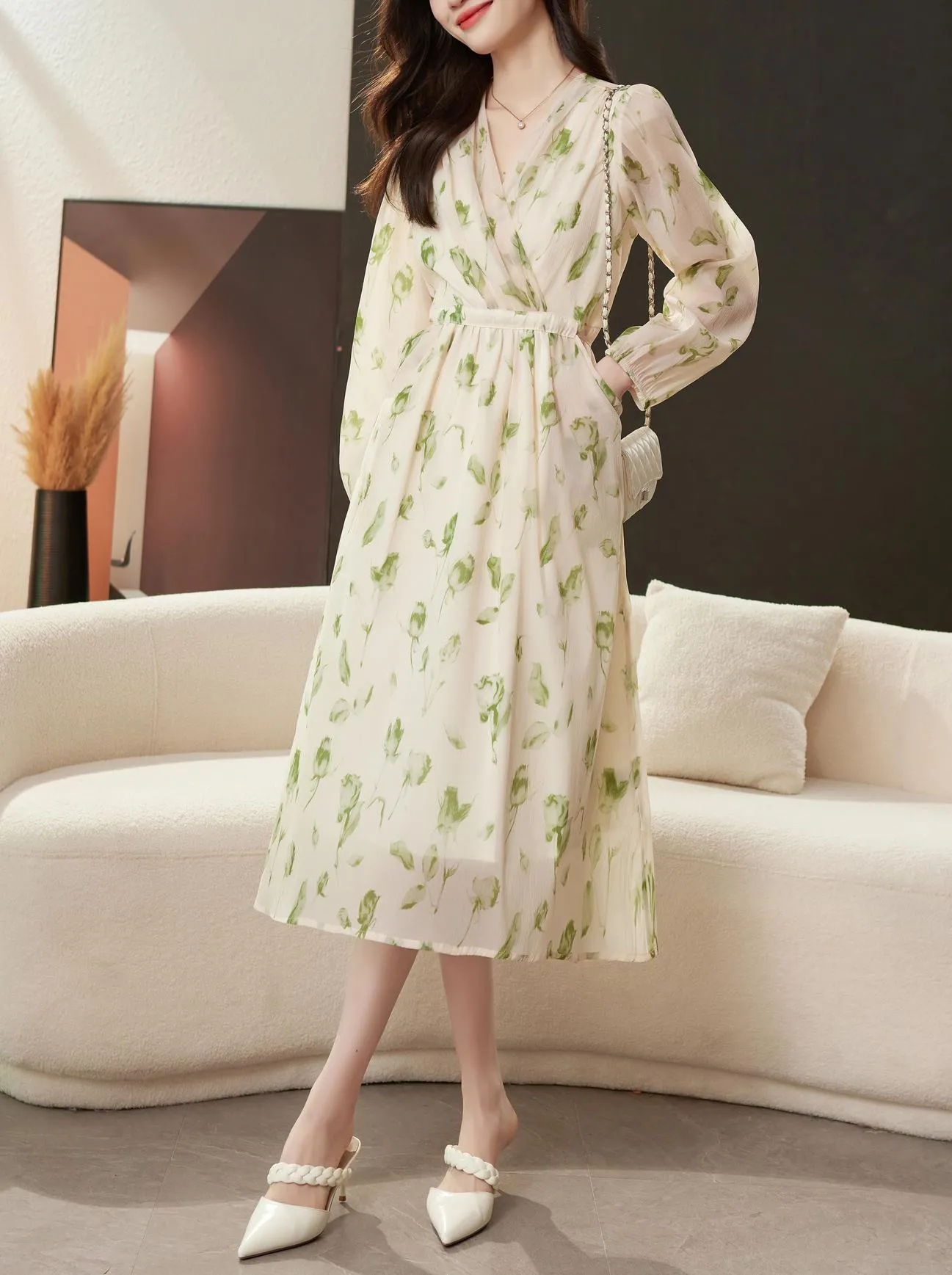 Belted-Waisted V-Neck Maxi Tea Dress with Floral Print for Women