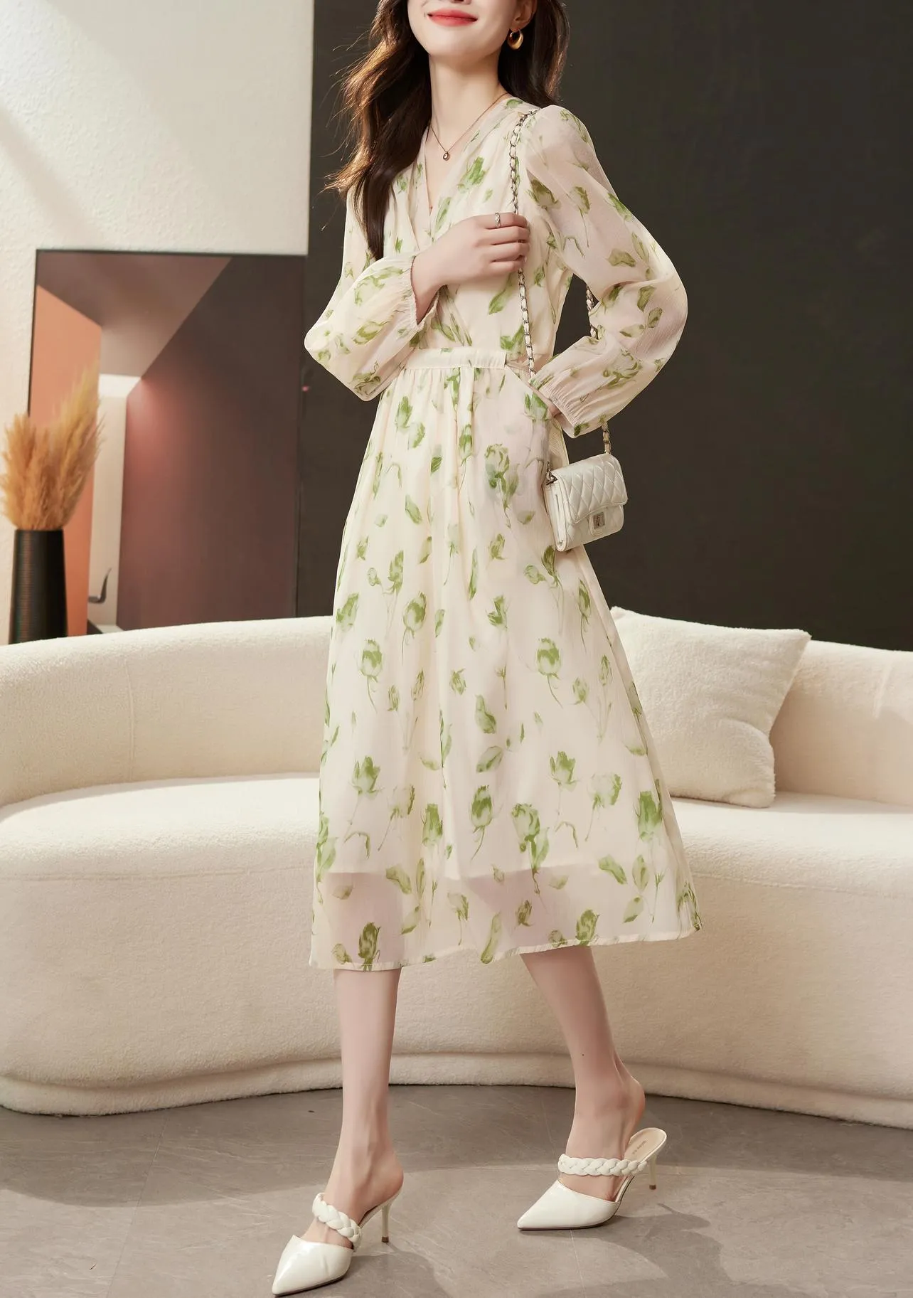 Belted-Waisted V-Neck Maxi Tea Dress with Floral Print for Women