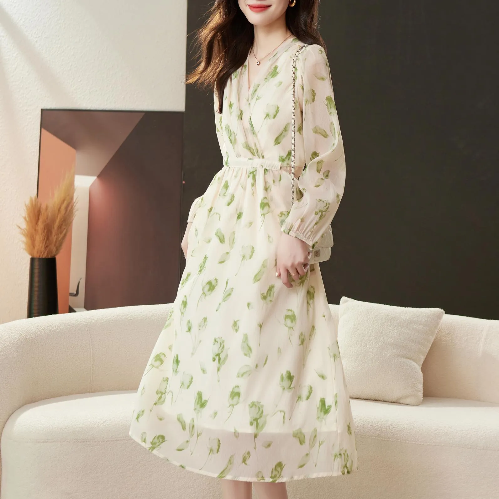 Belted-Waisted V-Neck Maxi Tea Dress with Floral Print for Women