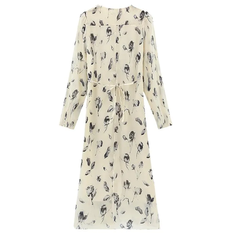 Belted-Waisted V-Neck Maxi Tea Dress with Floral Print for Women