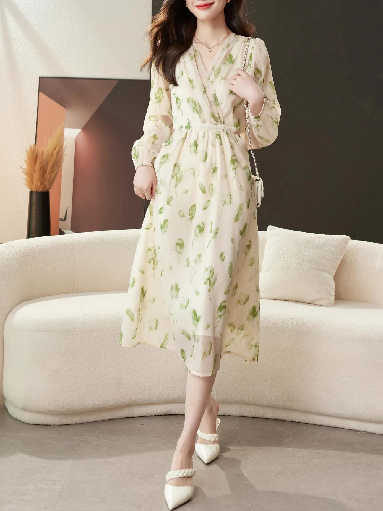 Belted-Waisted V-Neck Maxi Tea Dress with Floral Print for Women