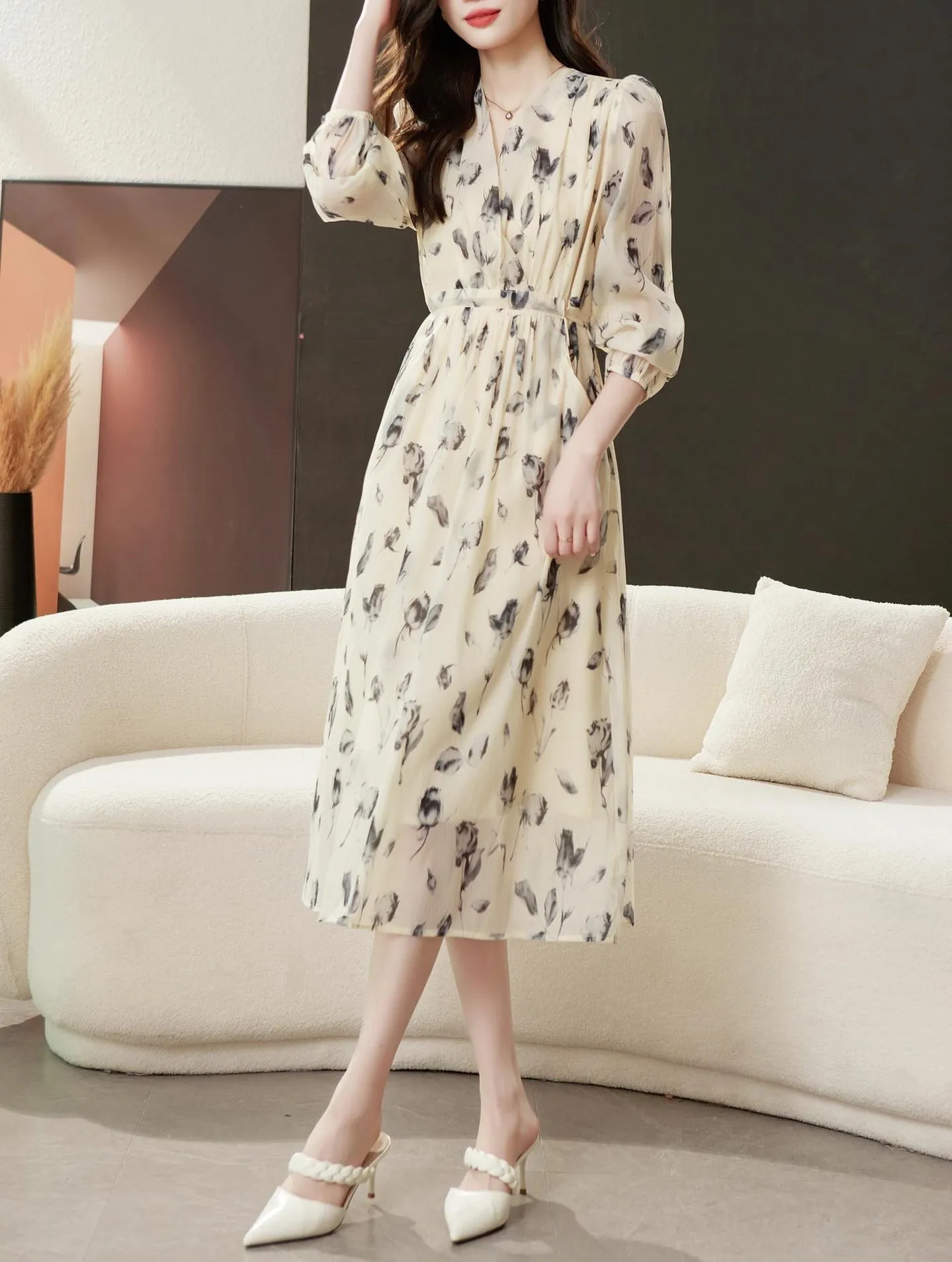 Belted-Waisted V-Neck Maxi Tea Dress with Floral Print for Women