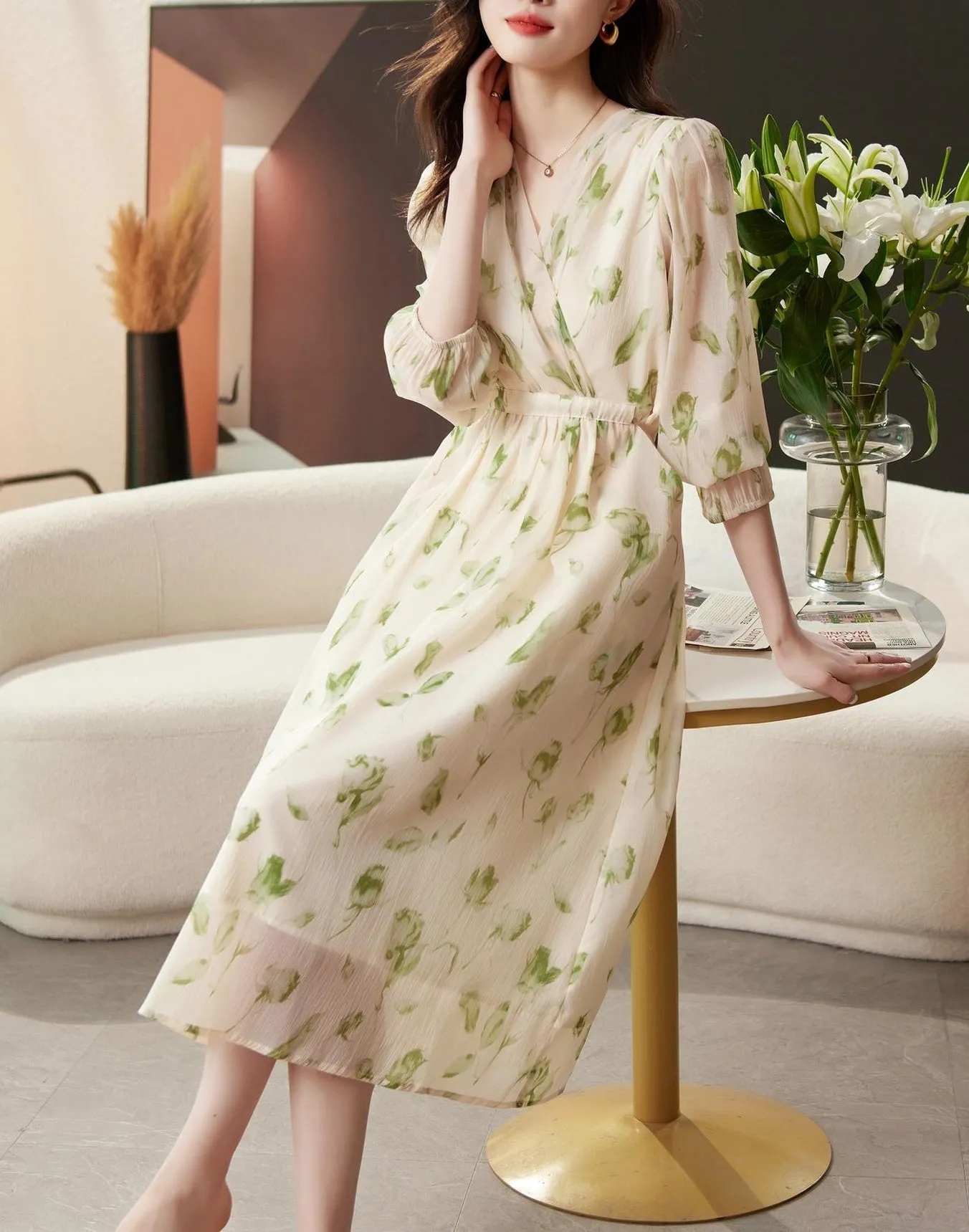 Belted-Waisted V-Neck Maxi Tea Dress with Floral Print for Women
