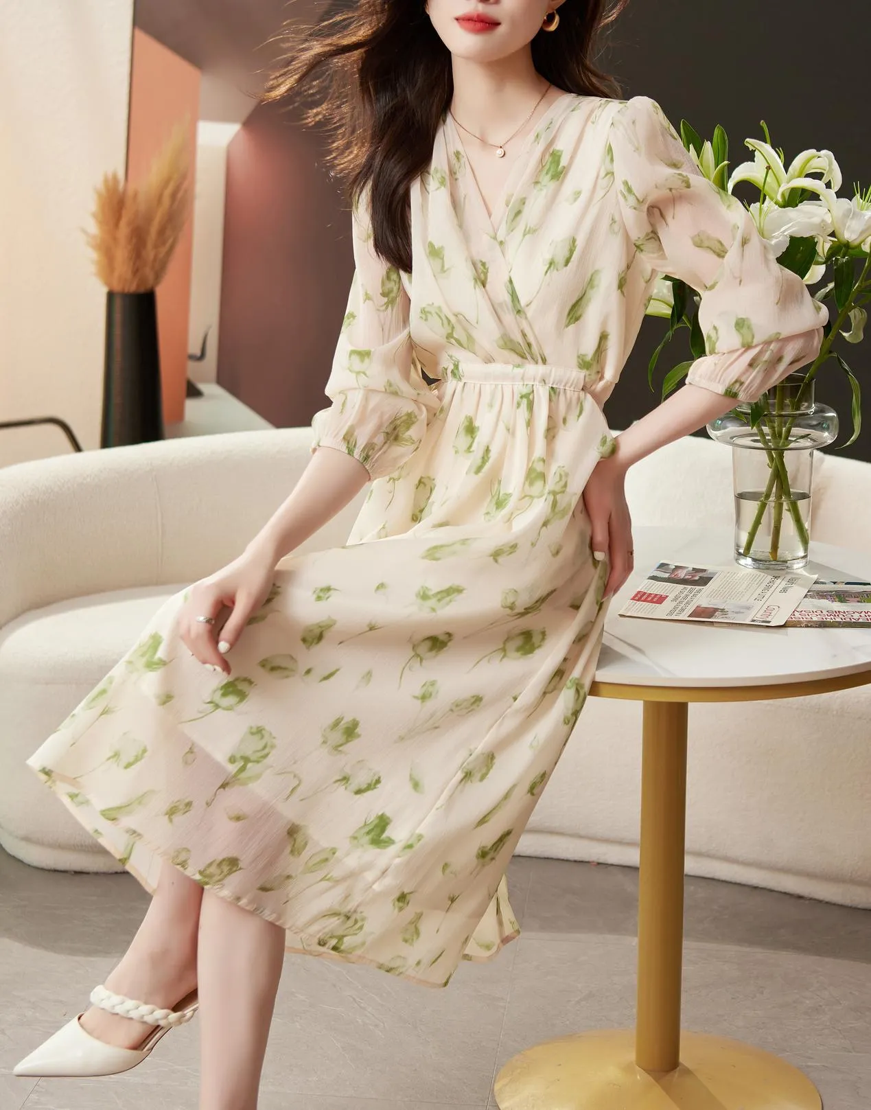 Belted-Waisted V-Neck Maxi Tea Dress with Floral Print for Women