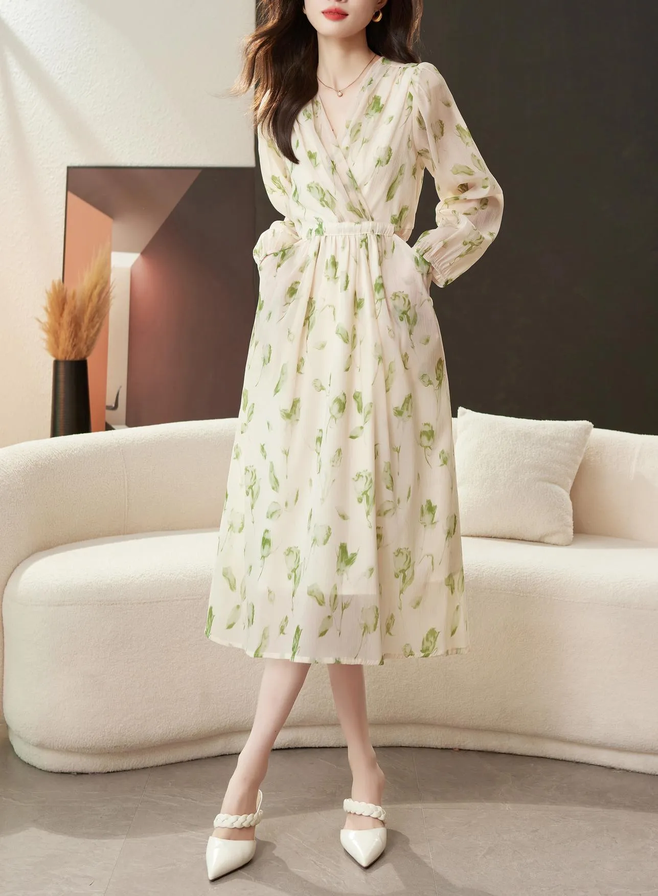 Belted-Waisted V-Neck Maxi Tea Dress with Floral Print for Women