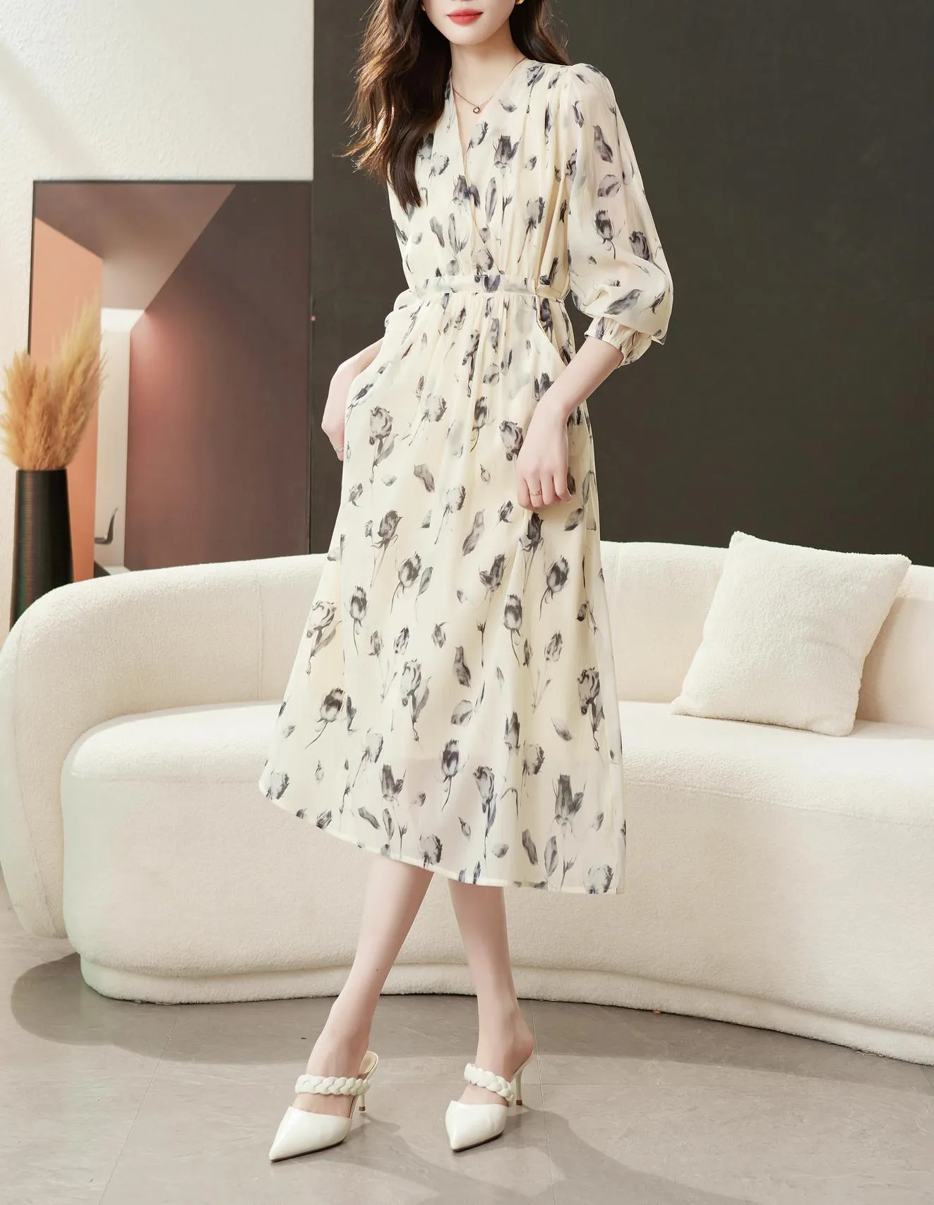 Belted-Waisted V-Neck Maxi Tea Dress with Floral Print for Women
