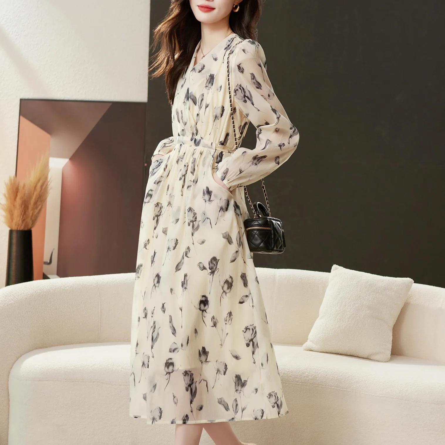 Belted-Waisted V-Neck Maxi Tea Dress with Floral Print for Women