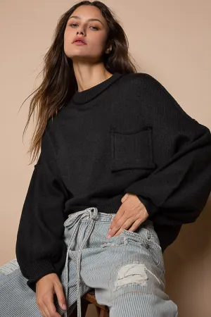 Black Balloon Sleeve Pocket Front Pullover