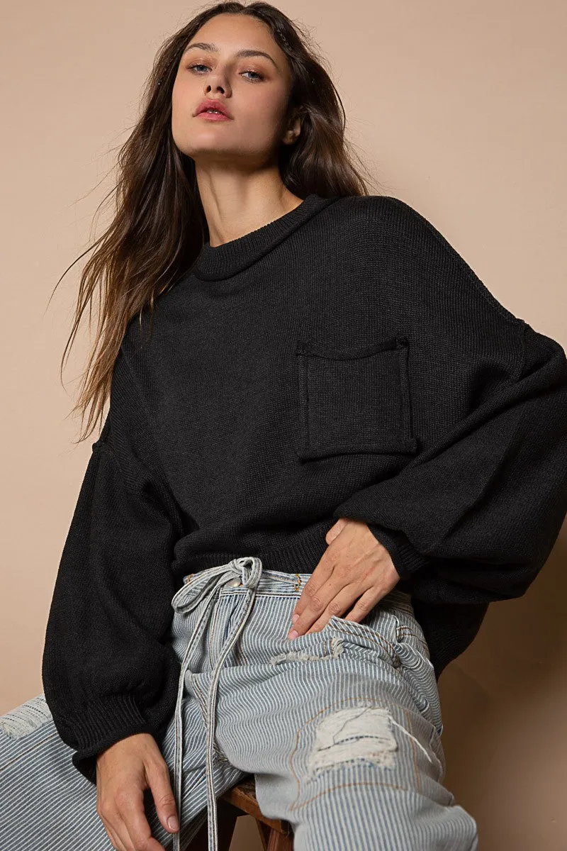 Black Balloon Sleeve Pocket Front Pullover