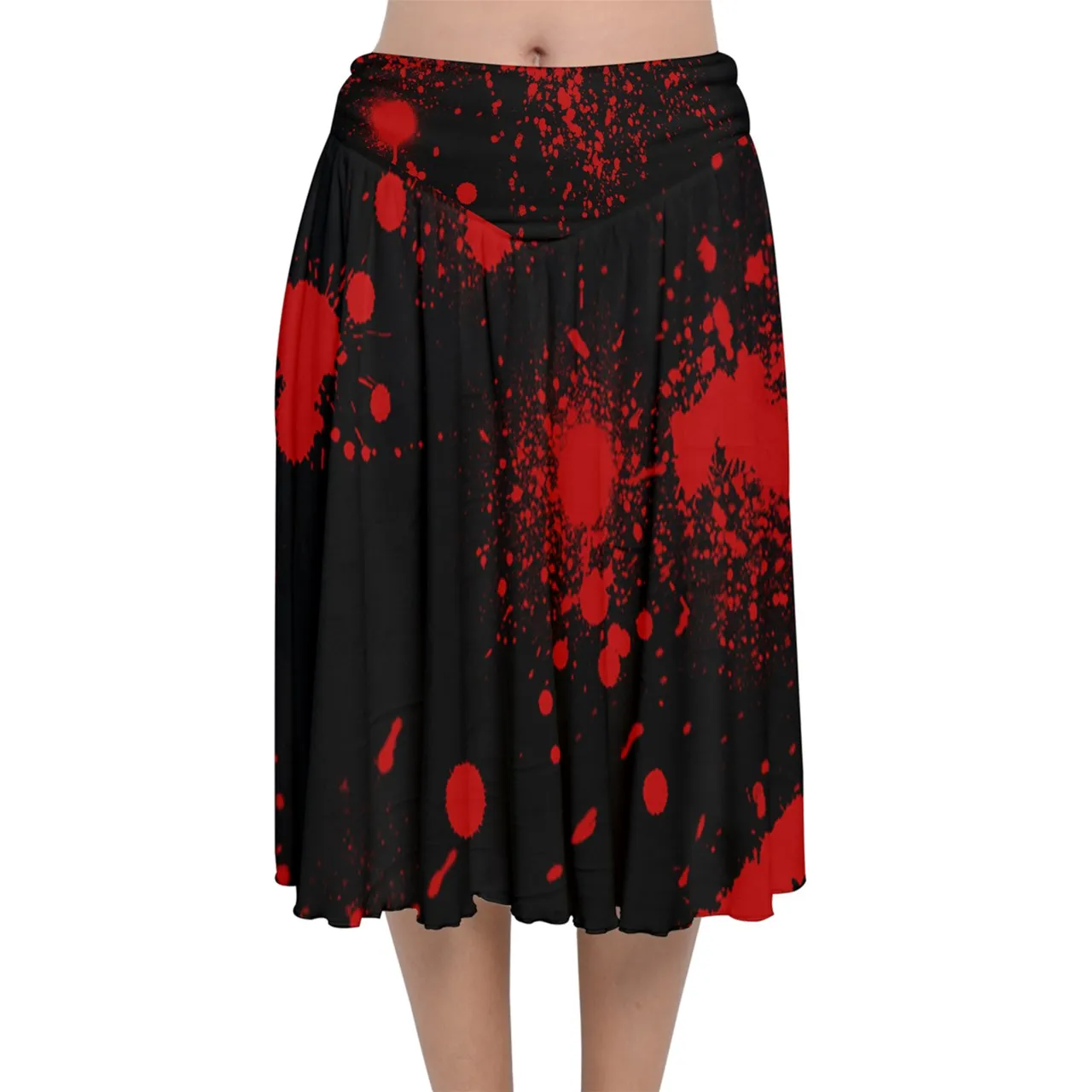 Black Blood Spatter Velvet Flared Midi Skirt