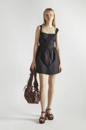 Black Button Front Pleated Mini-Dress