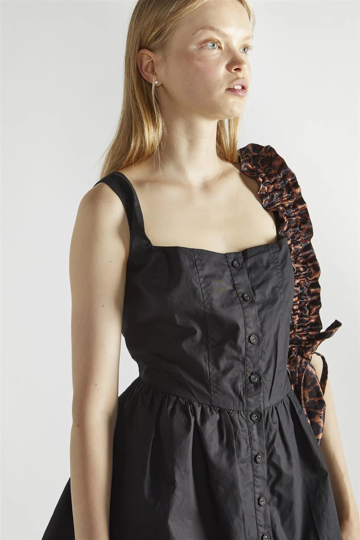 Black Button Front Pleated Mini-Dress
