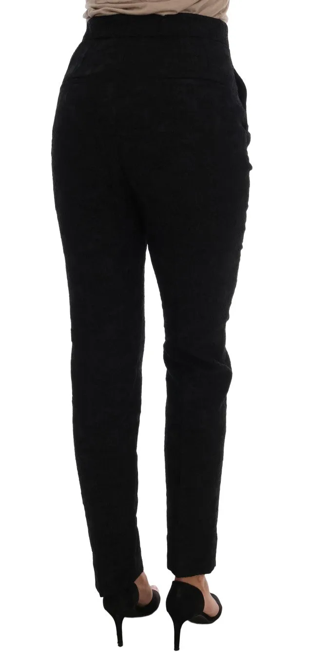 Black Floral Brocade High Waist Pants