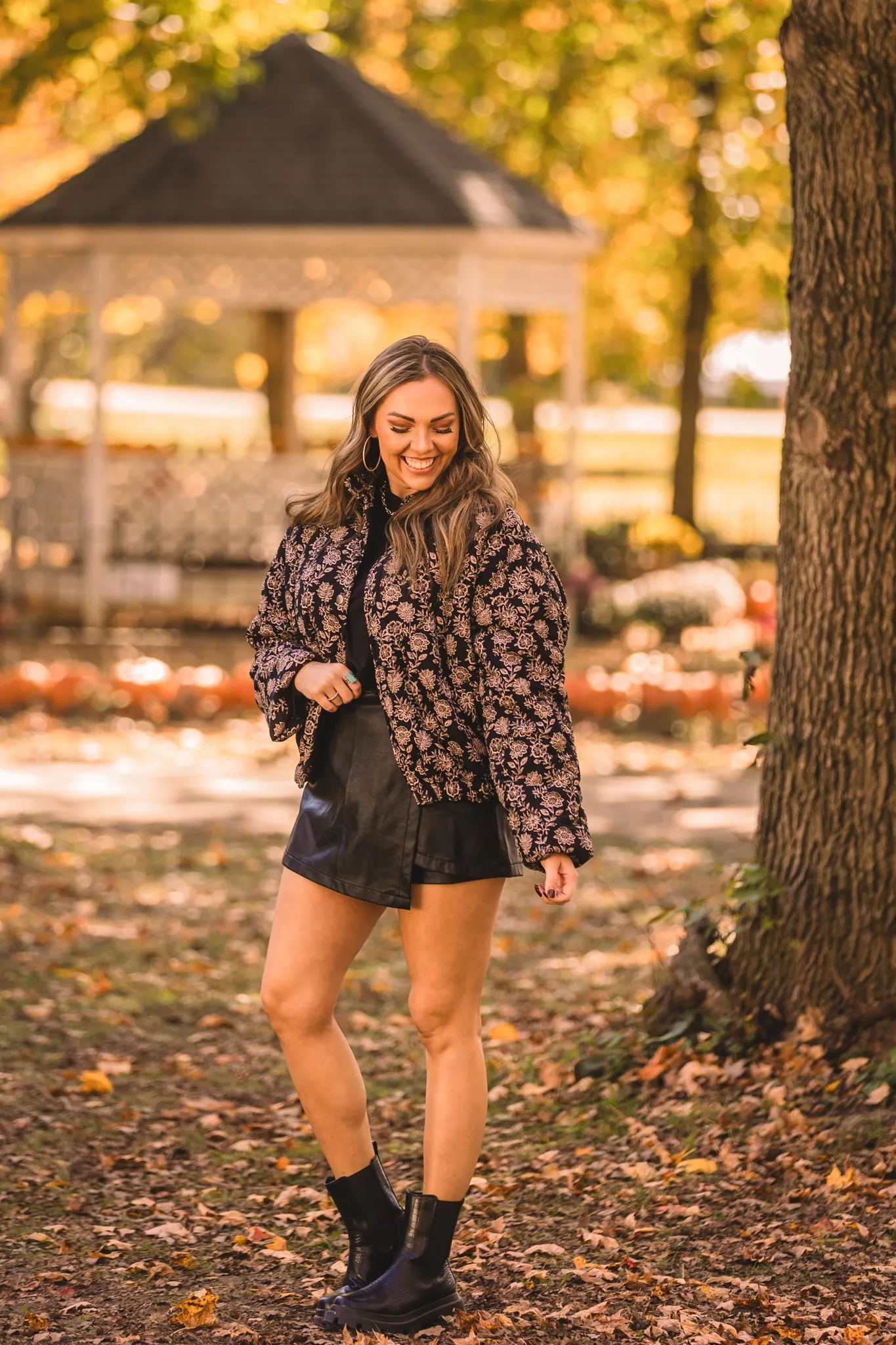 Black Floral Diamond Print Puff Jacket