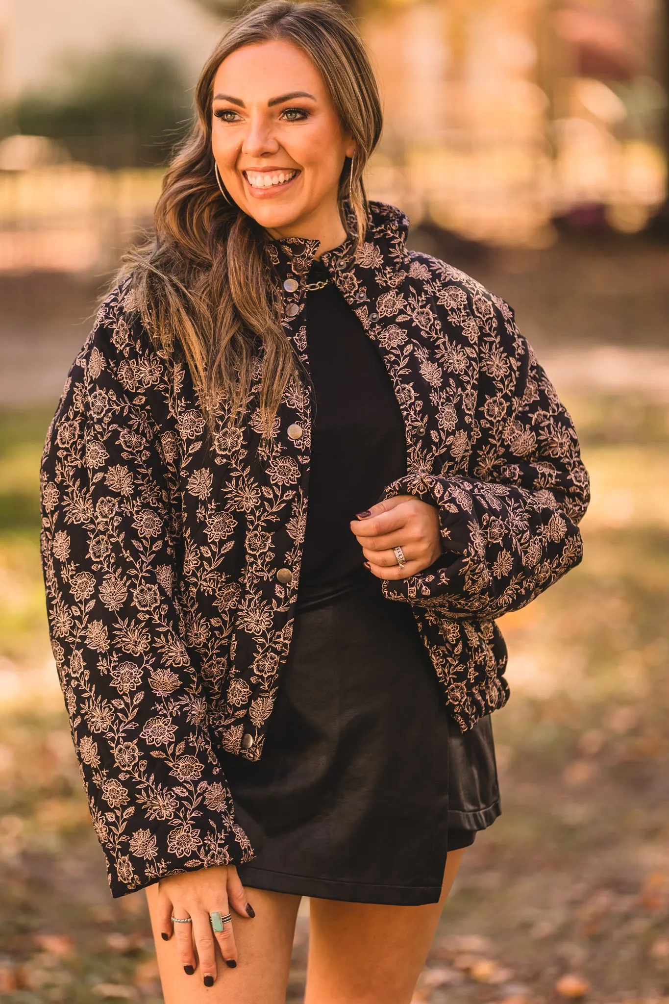 Black Floral Diamond Print Puff Jacket