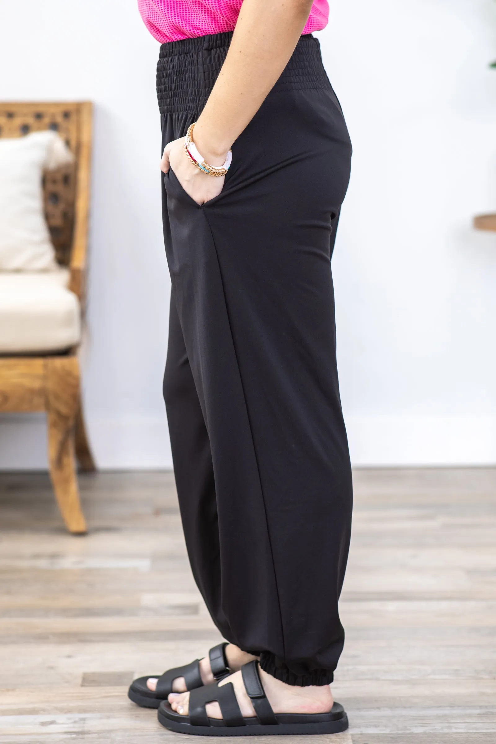 Black Smocked High Waist Joggers With Pocket